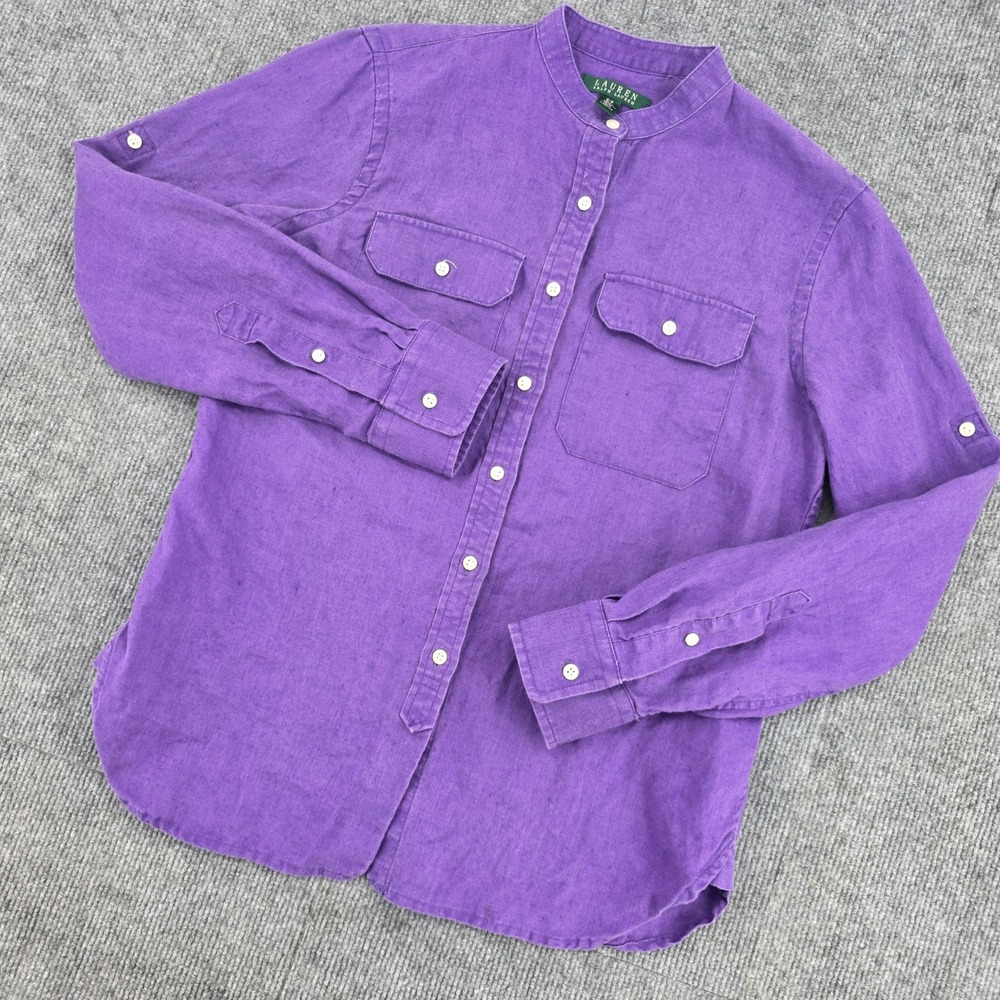 Lauren Ralph Lauren Purple 100% Linen Roll Tab Band Collar Button Down Shirt S